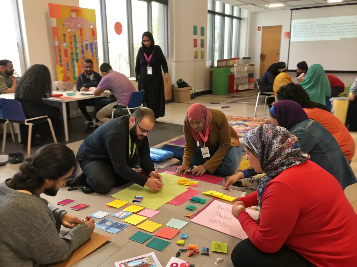 A vibrant image of a group of people participating in a workshop, engaged in a hands-on activity with smiles and laughter, creating a sense of community and shared learning. The setting is warm and inviting, with colorful decorations and comfortable seating.