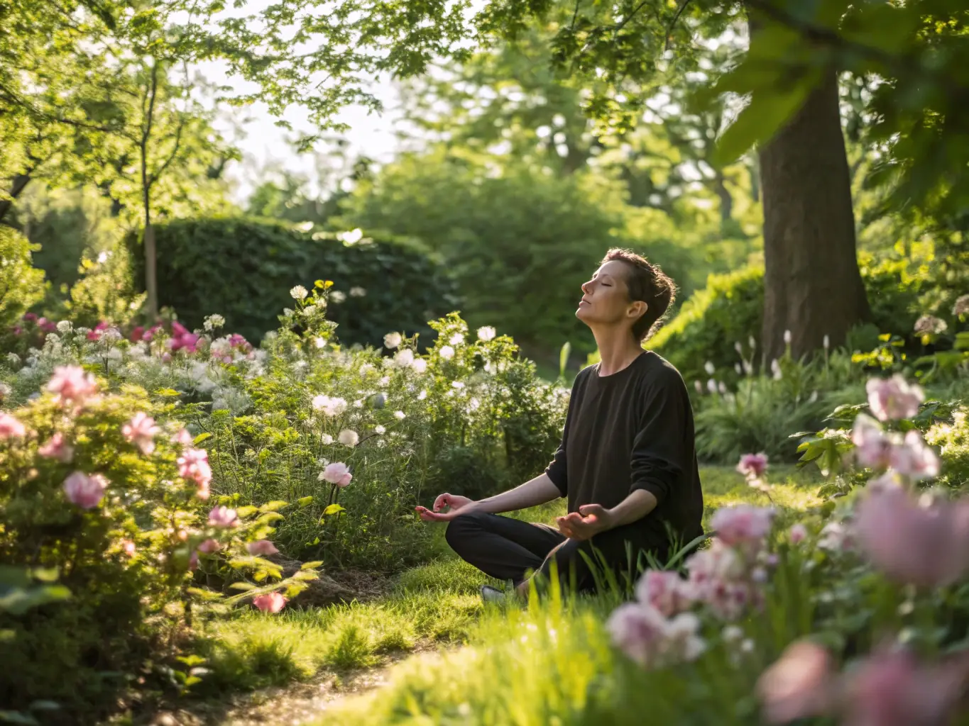 A serene image of a person meditating in a peaceful garden, surrounded by lush greenery and soft sunlight, embodying a sense of tranquility and inner peace. The individual is sitting in a lotus position, with eyes closed and a gentle smile, radiating a sense of calm and contentment.